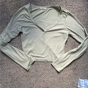 Light Green Long Sleeve Henley Crop Top